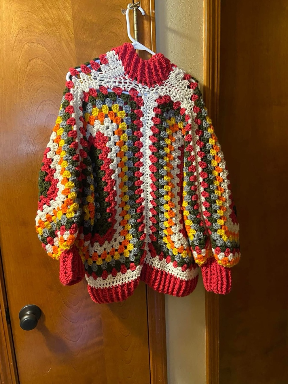 Handmade Multicolor Crochet Sweater - Red Accent